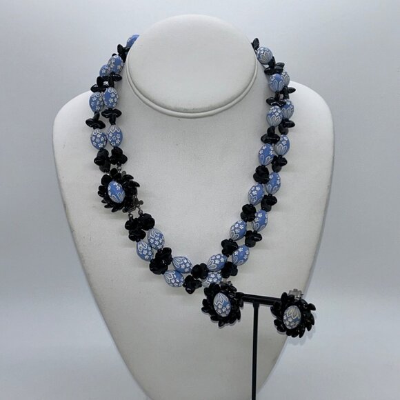 Vintage West Germany Blue & Black Easter Egg Bead Necklace Box Clasp Clip-On - Picture 2 of 16